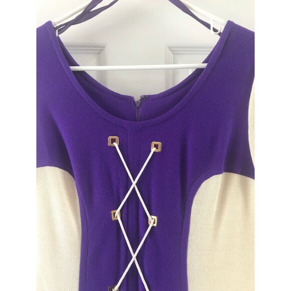 Vtg 1970's Mod Purple And White Lace Up Dress A Go Go Two Small Pockets Size 9 - Picture 3 of 10